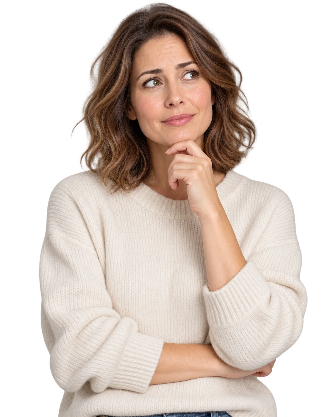 A woman with her hand at her chin, thinking